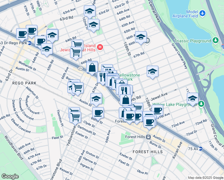 map of restaurants, bars, coffee shops, grocery stores, and more near 103-17 Queens Boulevard in Queens