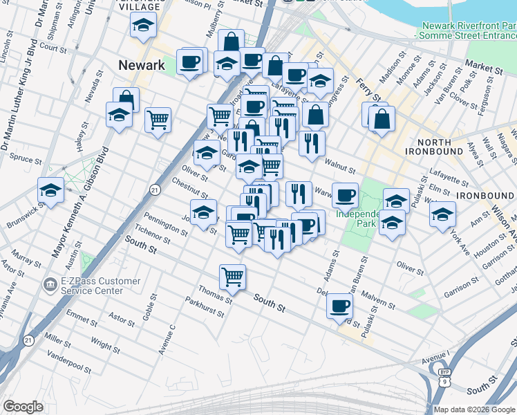 map of restaurants, bars, coffee shops, grocery stores, and more near Oliver St & Pacific St in Newark