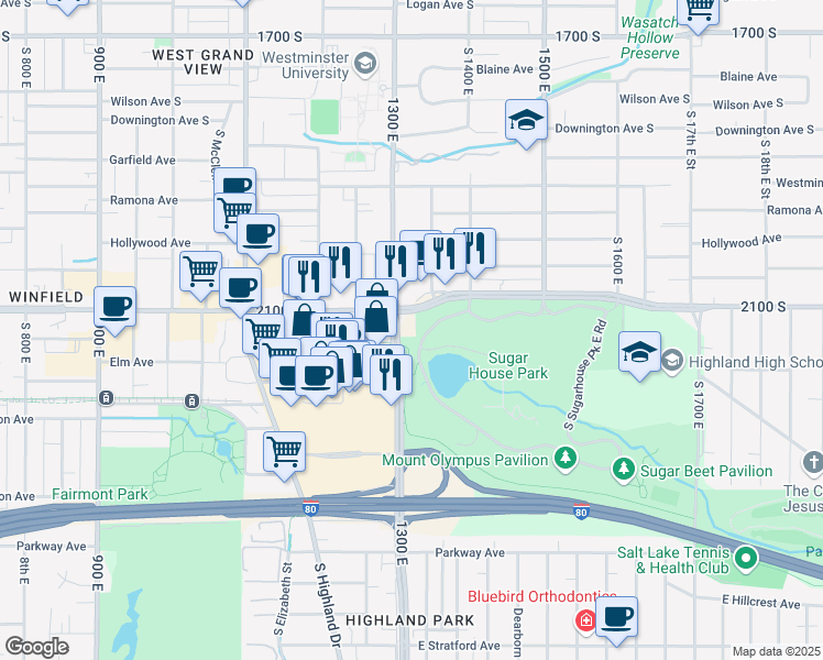 map of restaurants, bars, coffee shops, grocery stores, and more near 2111 1300 East in Salt Lake City