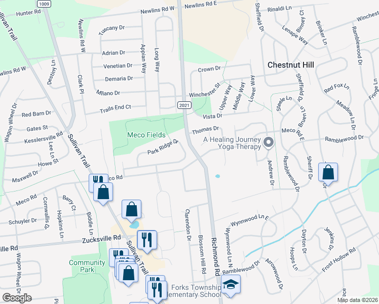 map of restaurants, bars, coffee shops, grocery stores, and more near 222 Park Ridge Drive in Easton