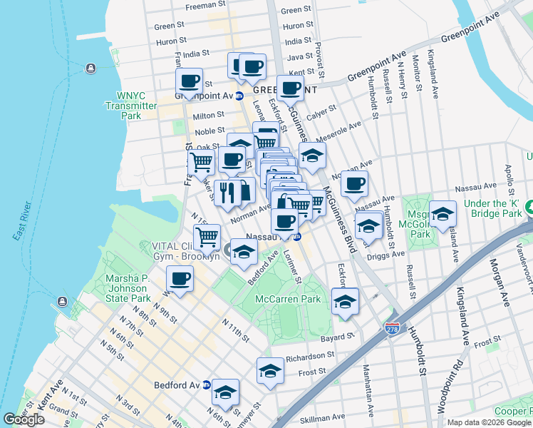 map of restaurants, bars, coffee shops, grocery stores, and more near 62 Norman Avenue in Brooklyn