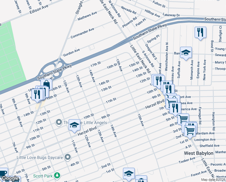 map of restaurants, bars, coffee shops, grocery stores, and more near 1442 12th Street in West Babylon