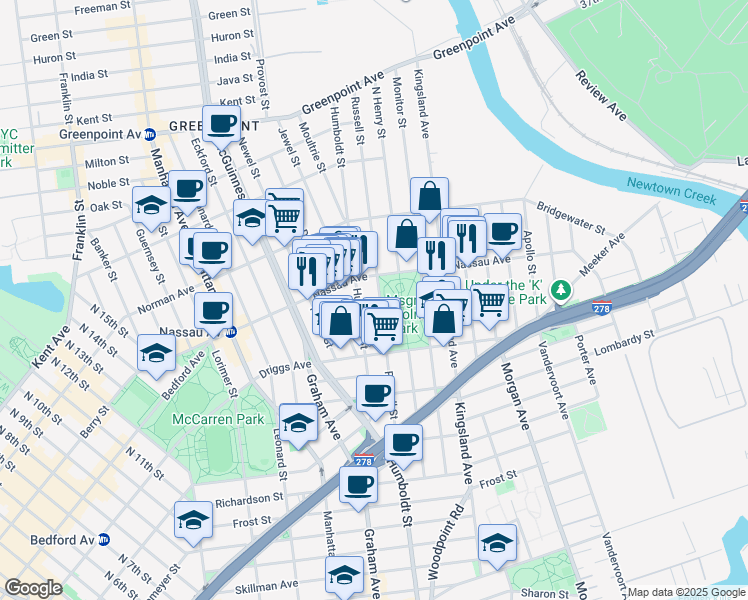 map of restaurants, bars, coffee shops, grocery stores, and more near 207 Nassau Avenue in Brooklyn