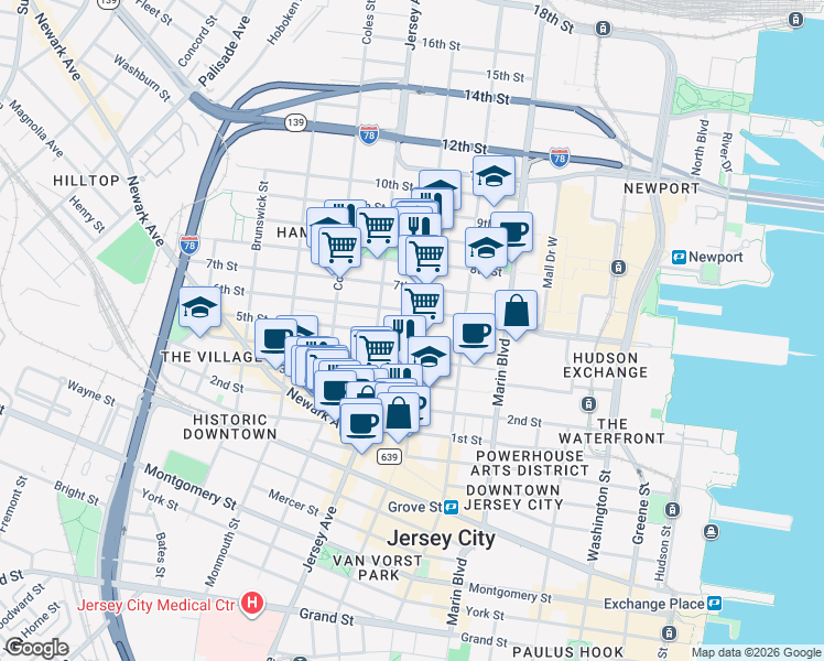 map of restaurants, bars, coffee shops, grocery stores, and more near 246 5th Street in Jersey City