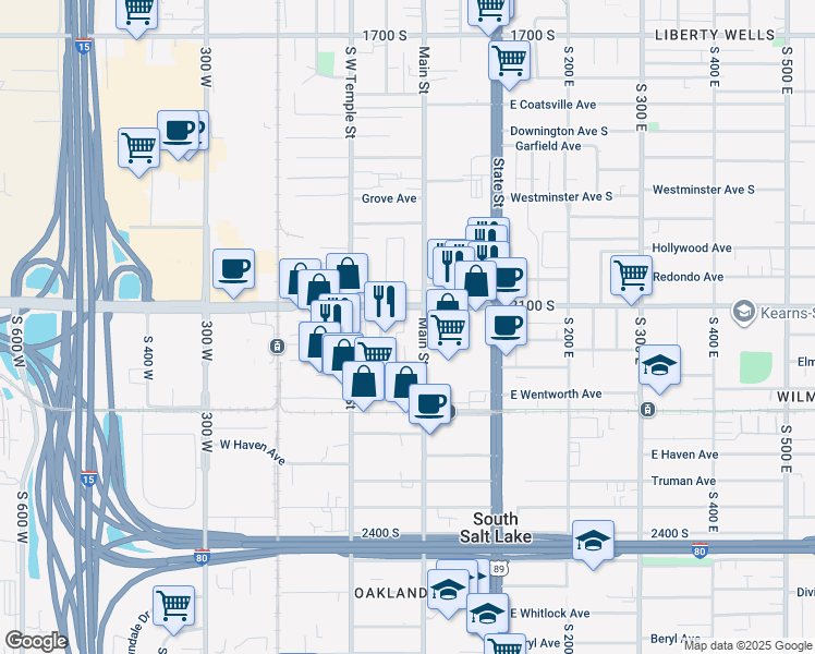 map of restaurants, bars, coffee shops, grocery stores, and more near 2150 South Main Street in South Salt Lake