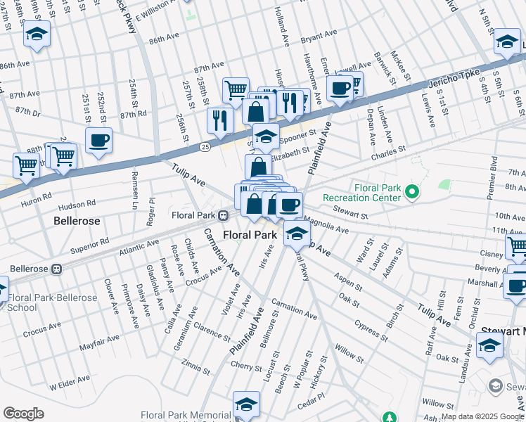 map of restaurants, bars, coffee shops, grocery stores, and more near 133 Tulip Avenue in Floral Park