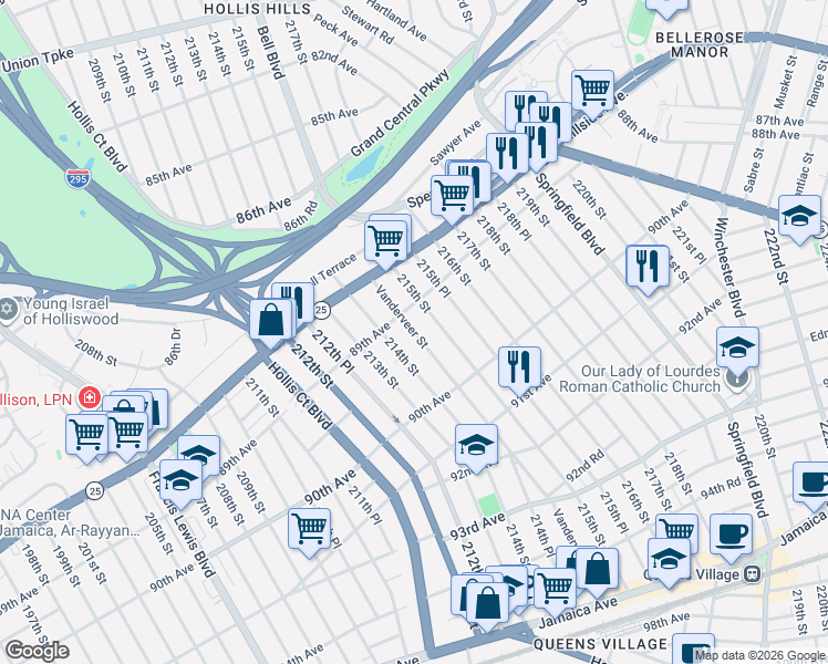 map of restaurants, bars, coffee shops, grocery stores, and more near 89-17 Vanderveer Street in Queens