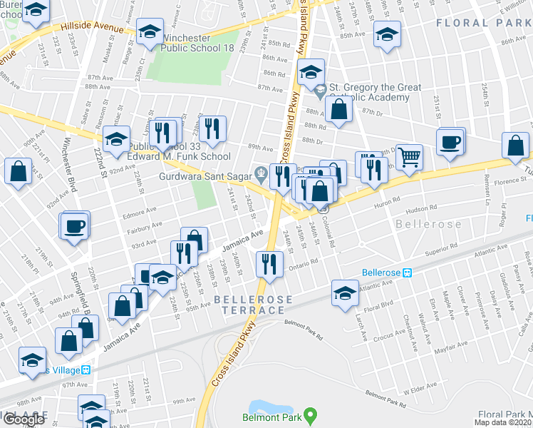 map of restaurants, bars, coffee shops, grocery stores, and more near 242-18 93rd Avenue in Queens