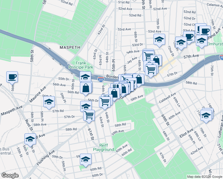map of restaurants, bars, coffee shops, grocery stores, and more near 56-19 Remsen Place in Queens