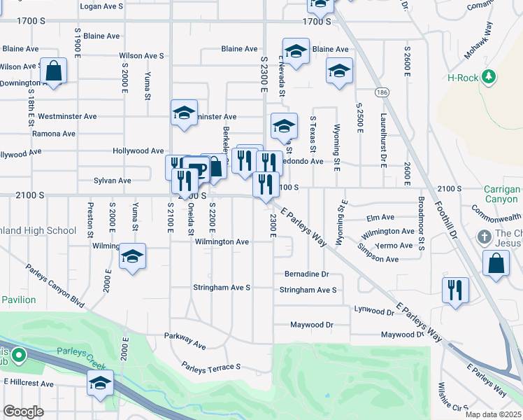 map of restaurants, bars, coffee shops, grocery stores, and more near 2286 East 2100 South in Salt Lake City
