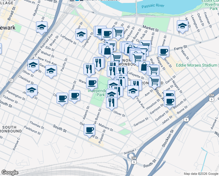map of restaurants, bars, coffee shops, grocery stores, and more near 220 Van Buren Street in Newark