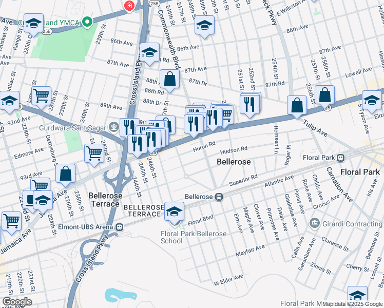 map of restaurants, bars, coffee shops, grocery stores, and more near 22 Huron Road in Floral Park