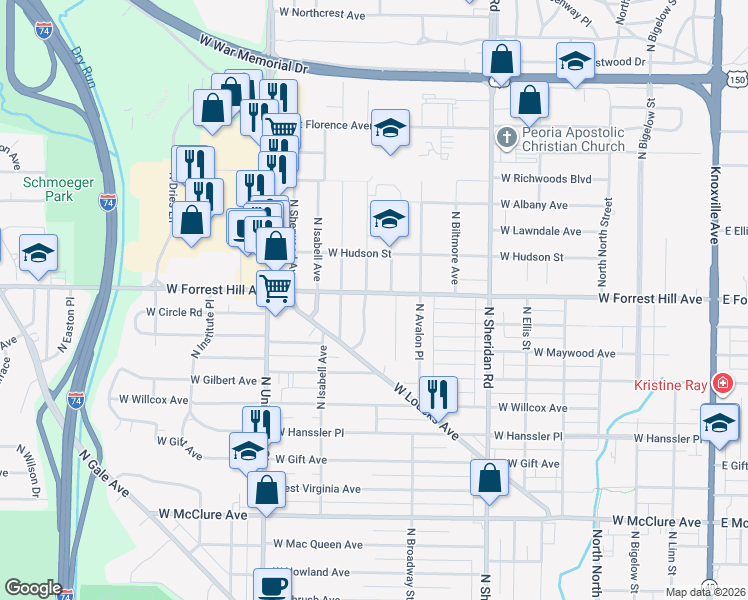 map of restaurants, bars, coffee shops, grocery stores, and more near 1010 West Forrest Hill Avenue in Peoria
