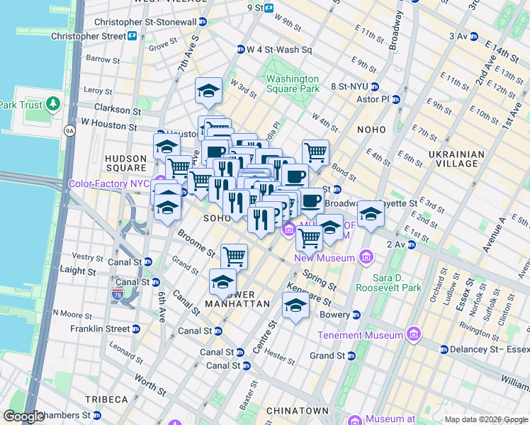 map of restaurants, bars, coffee shops, grocery stores, and more near Prince Street in New York