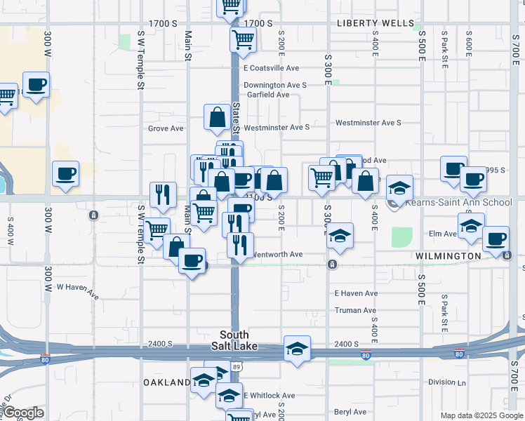 map of restaurants, bars, coffee shops, grocery stores, and more near 155 East Commonwealth Avenue in South Salt Lake