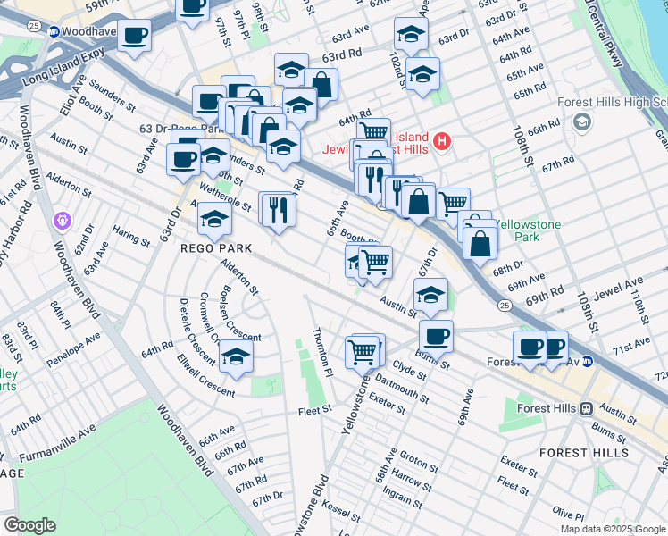 map of restaurants, bars, coffee shops, grocery stores, and more near 66-23 Austin Street in Queens