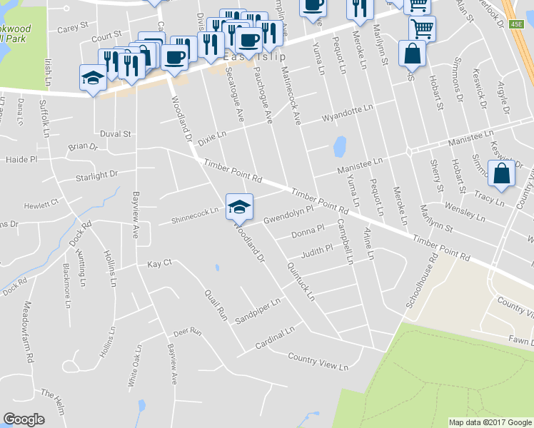 map of restaurants, bars, coffee shops, grocery stores, and more near 19 Gwendolyn Place in East Islip