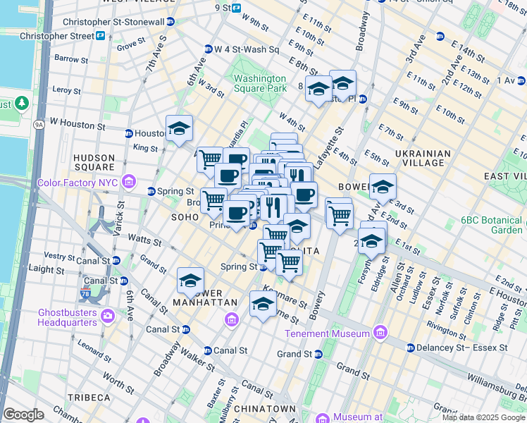 map of restaurants, bars, coffee shops, grocery stores, and more near 590 Broadway in New York