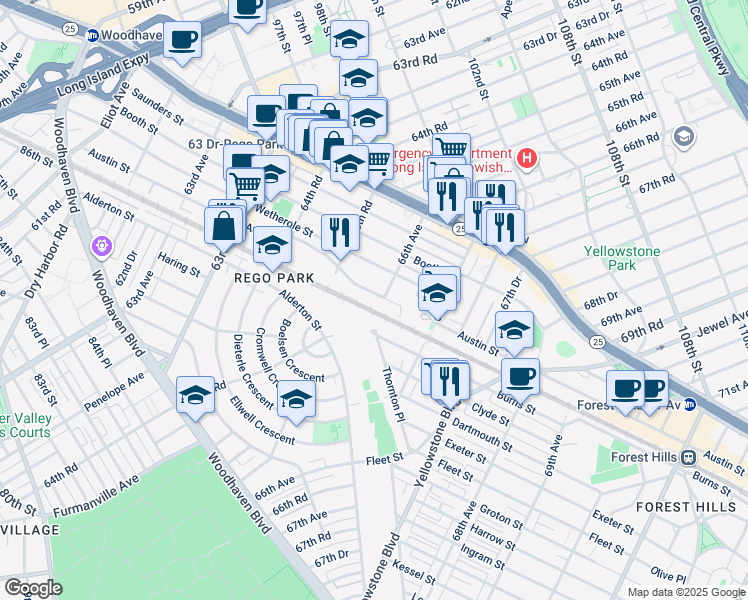 map of restaurants, bars, coffee shops, grocery stores, and more near 65-84 Austin Street in Queens