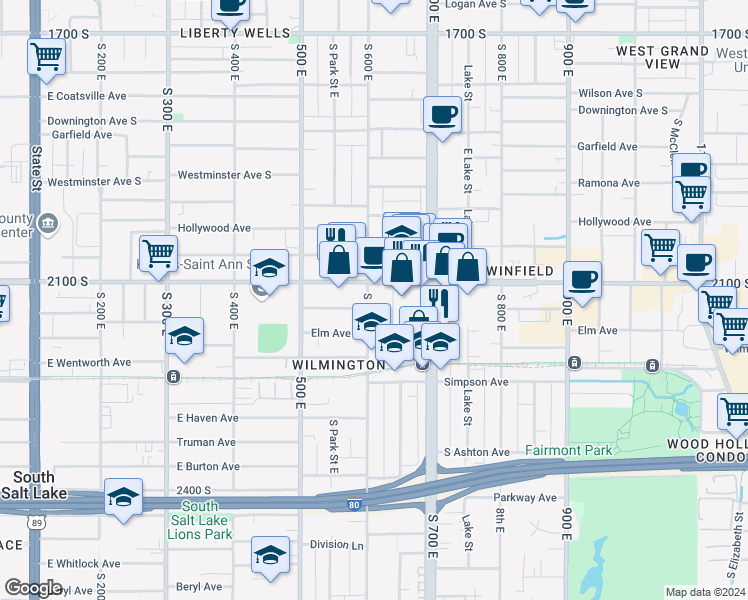 map of restaurants, bars, coffee shops, grocery stores, and more near 2123 South 600 East in Salt Lake City
