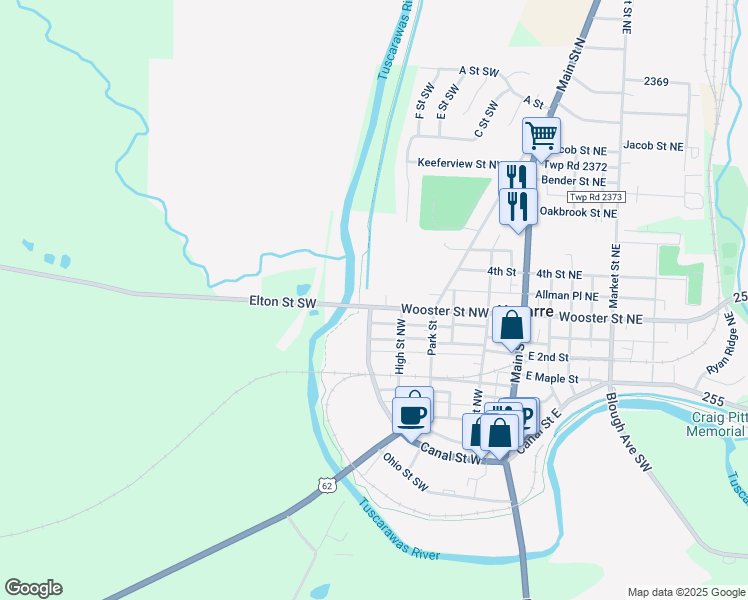 map of restaurants, bars, coffee shops, grocery stores, and more near 330 Wooster Street Northwest in Navarre