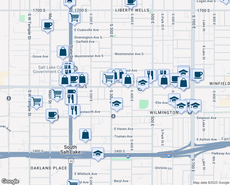 map of restaurants, bars, coffee shops, grocery stores, and more near 2121 S 300 E in Salt Lake City