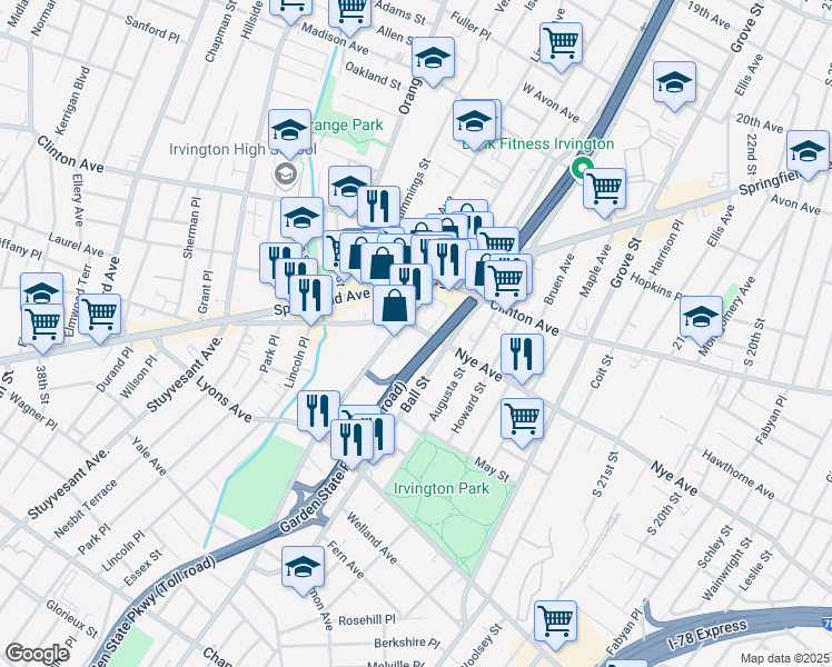 map of restaurants, bars, coffee shops, grocery stores, and more near 561 Nye Avenue in Irvington