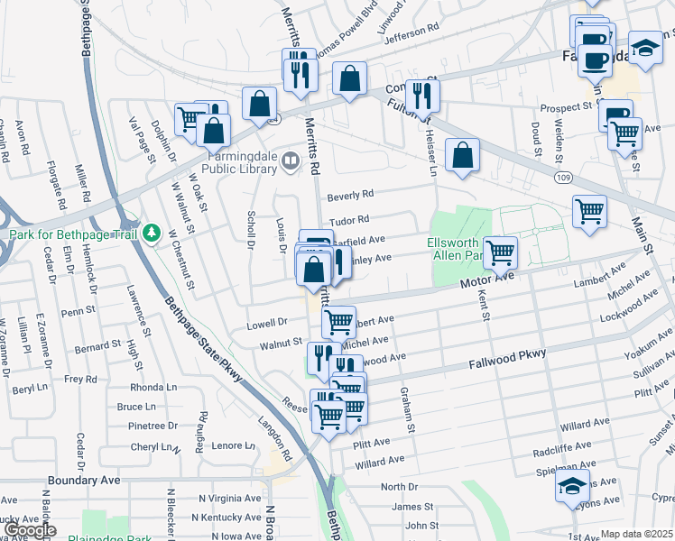 map of restaurants, bars, coffee shops, grocery stores, and more near 4 McKinley Avenue in Farmingdale