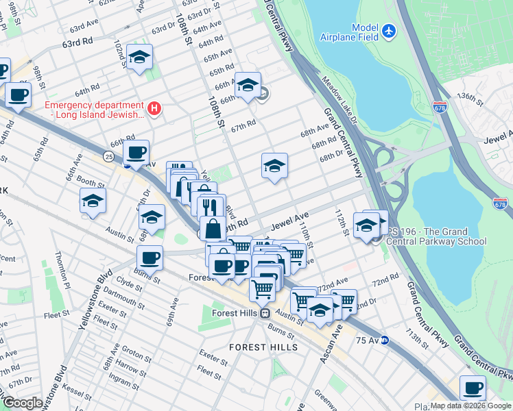 map of restaurants, bars, coffee shops, grocery stores, and more near 108-2 69th Avenue in Queens