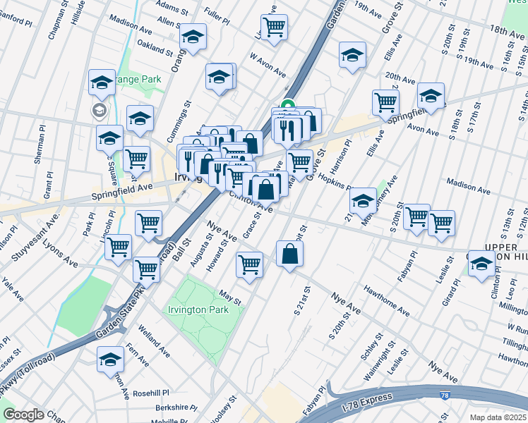 map of restaurants, bars, coffee shops, grocery stores, and more near 1018 Clinton Avenue in Irvington
