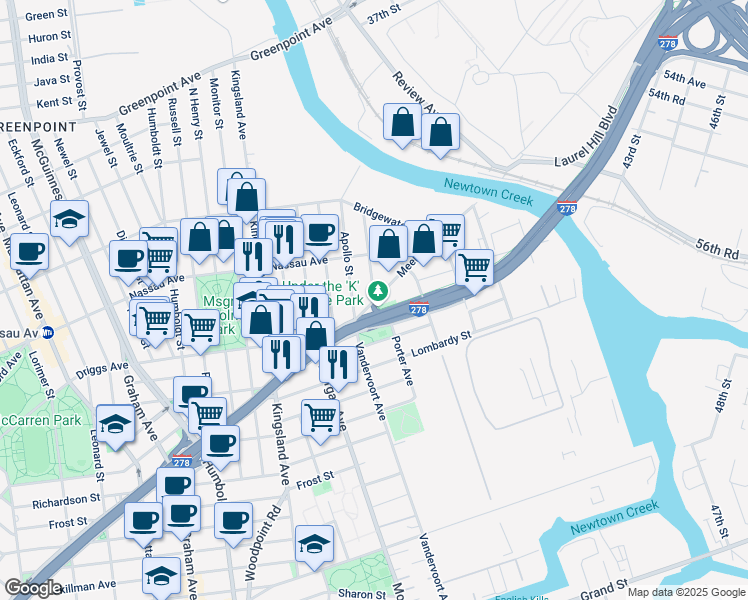 map of restaurants, bars, coffee shops, grocery stores, and more near Meeker Ave & Van Dam St in Brooklyn