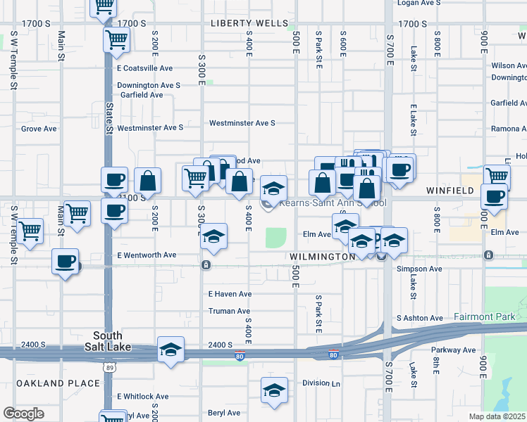 map of restaurants, bars, coffee shops, grocery stores, and more near 430 East 2100 South in South Salt Lake