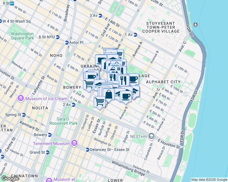 map of restaurants, bars, coffee shops, grocery stores, and more near East 5th Street in New York