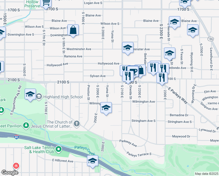 map of restaurants, bars, coffee shops, grocery stores, and more near 2125 Yuma Street in Salt Lake City