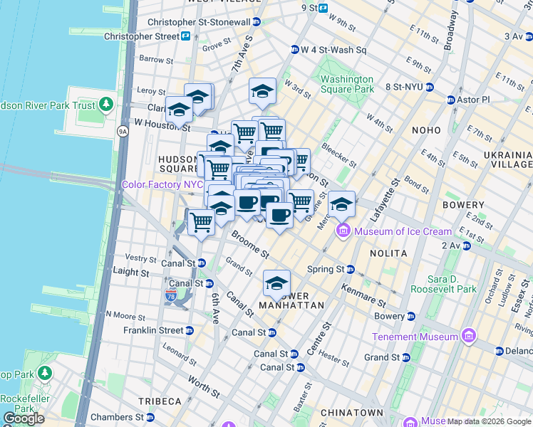 map of restaurants, bars, coffee shops, grocery stores, and more near 171 Spring Street in New York