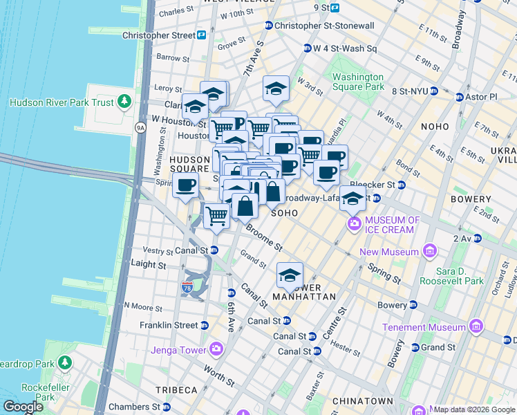 map of restaurants, bars, coffee shops, grocery stores, and more near 85 Sullivan Street in New York