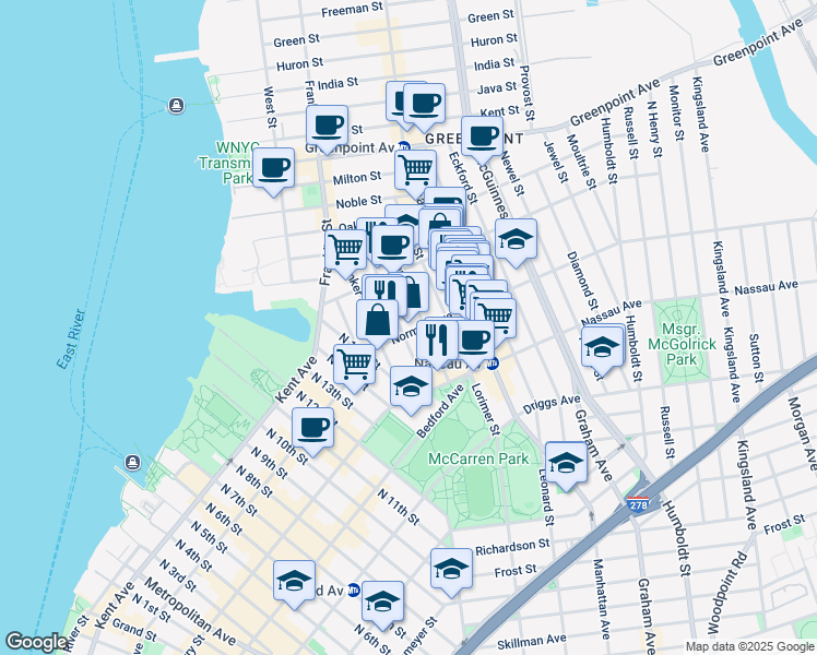 map of restaurants, bars, coffee shops, grocery stores, and more near 33 Norman Avenue in Brooklyn