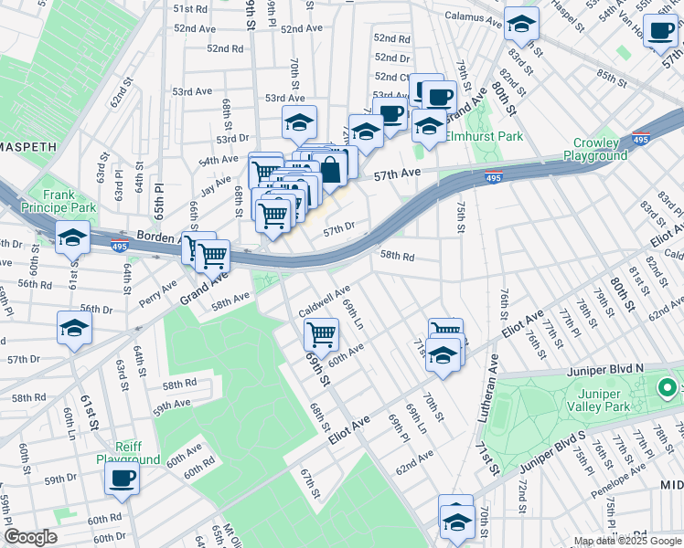 map of restaurants, bars, coffee shops, grocery stores, and more near 69-84 58th Road in Queens