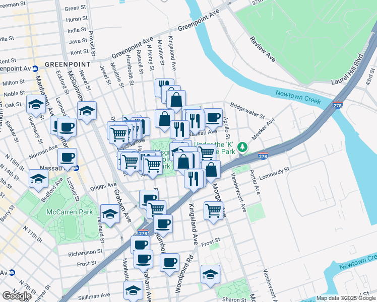 map of restaurants, bars, coffee shops, grocery stores, and more near 61 Sutton Street in Brooklyn