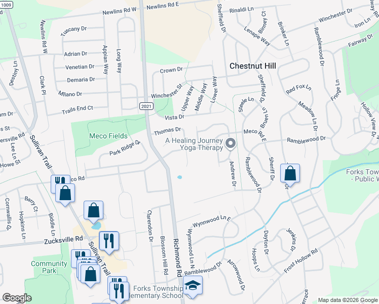 map of restaurants, bars, coffee shops, grocery stores, and more near 2400 Jamie Court in Easton
