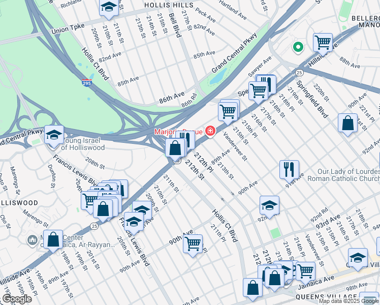 map of restaurants, bars, coffee shops, grocery stores, and more near 88-02 212th Place in Queens