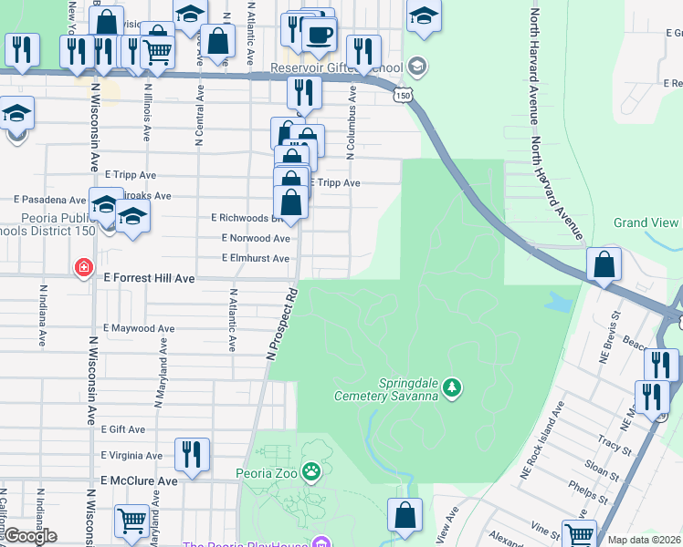 map of restaurants, bars, coffee shops, grocery stores, and more near 1411 East Forrest Hill Avenue in Peoria