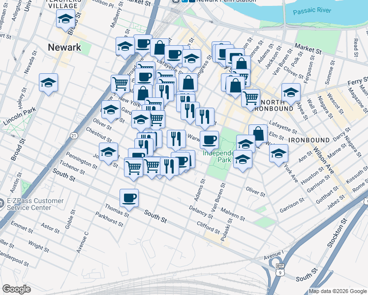 map of restaurants, bars, coffee shops, grocery stores, and more near 225 Jefferson Street in Newark