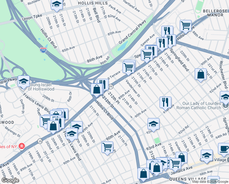 map of restaurants, bars, coffee shops, grocery stores, and more near 88-24 213th St in Queens