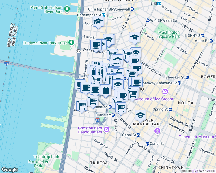 map of restaurants, bars, coffee shops, grocery stores, and more near 38 Dominick Street in New York