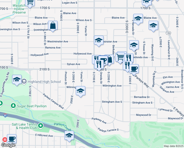map of restaurants, bars, coffee shops, grocery stores, and more near 2120 South 2100 East in Salt Lake City