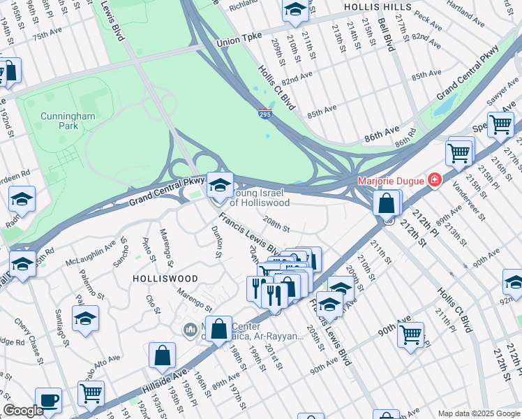 map of restaurants, bars, coffee shops, grocery stores, and more near 86-15 208th Street in Queens
