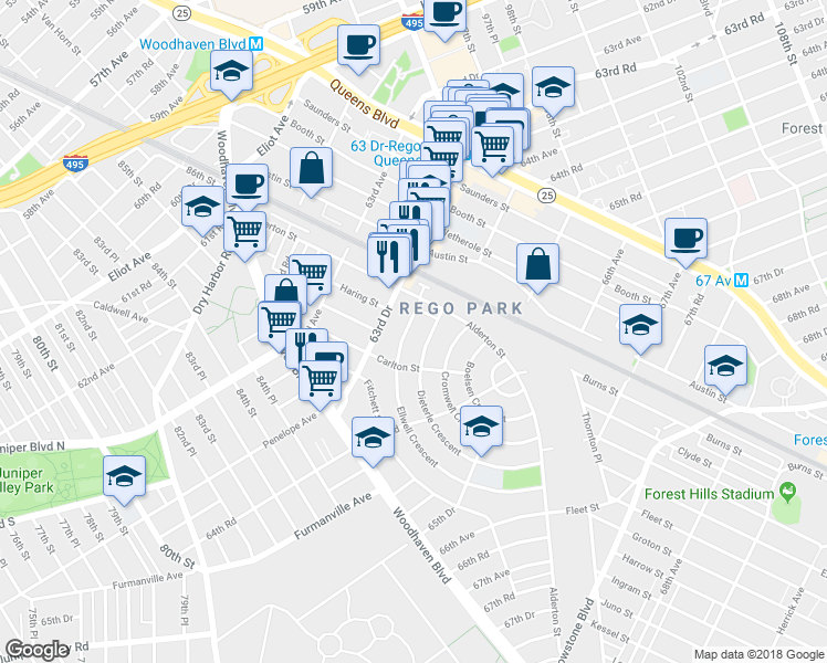 map of restaurants, bars, coffee shops, grocery stores, and more near 62-33 Ellwell Crescent in Queens
