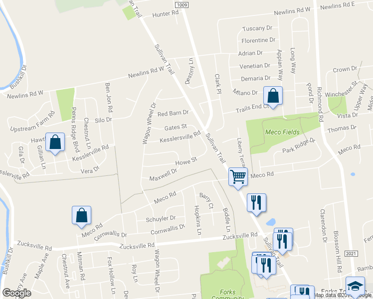 map of restaurants, bars, coffee shops, grocery stores, and more near 2286 Lee Lane in Easton