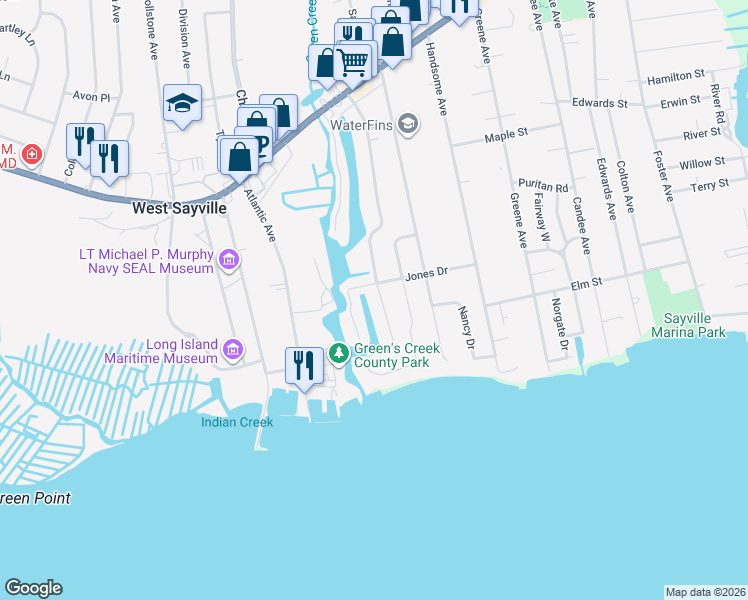 map of restaurants, bars, coffee shops, grocery stores, and more near 130 Sunset Drive in Sayville